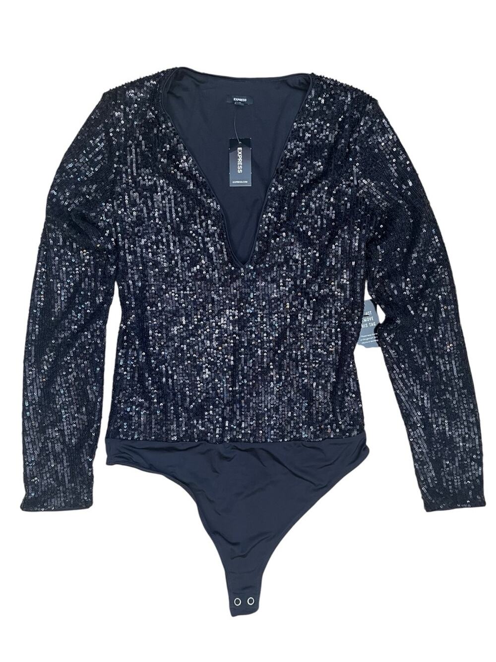 New Express Black Sequin Body Suit Size Medium Long Sleeve V Neck Thong Glam NWT